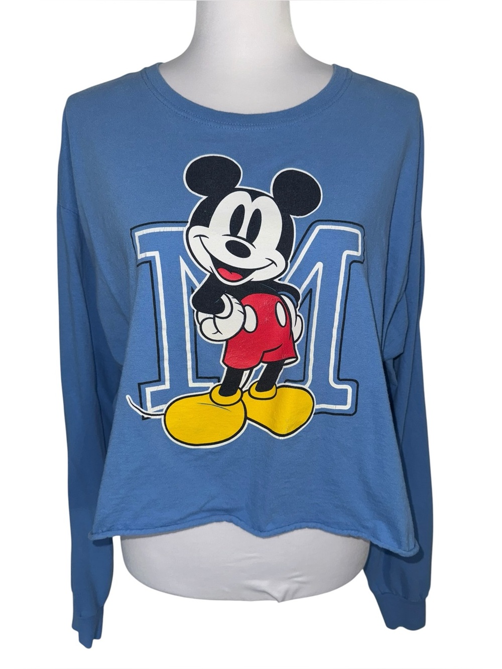 Disney Mickey Mouse Blue Graphic Long Sleeve Tee Womens XL Cropped Shirt